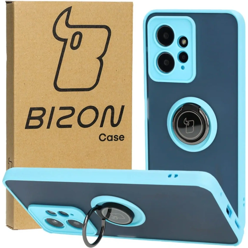 Etui z uchwytem na palec Bizon Case Hybrid Ring do Xiaomi Redmi Note 12 4G przydymione z jasnoniebieską ramką