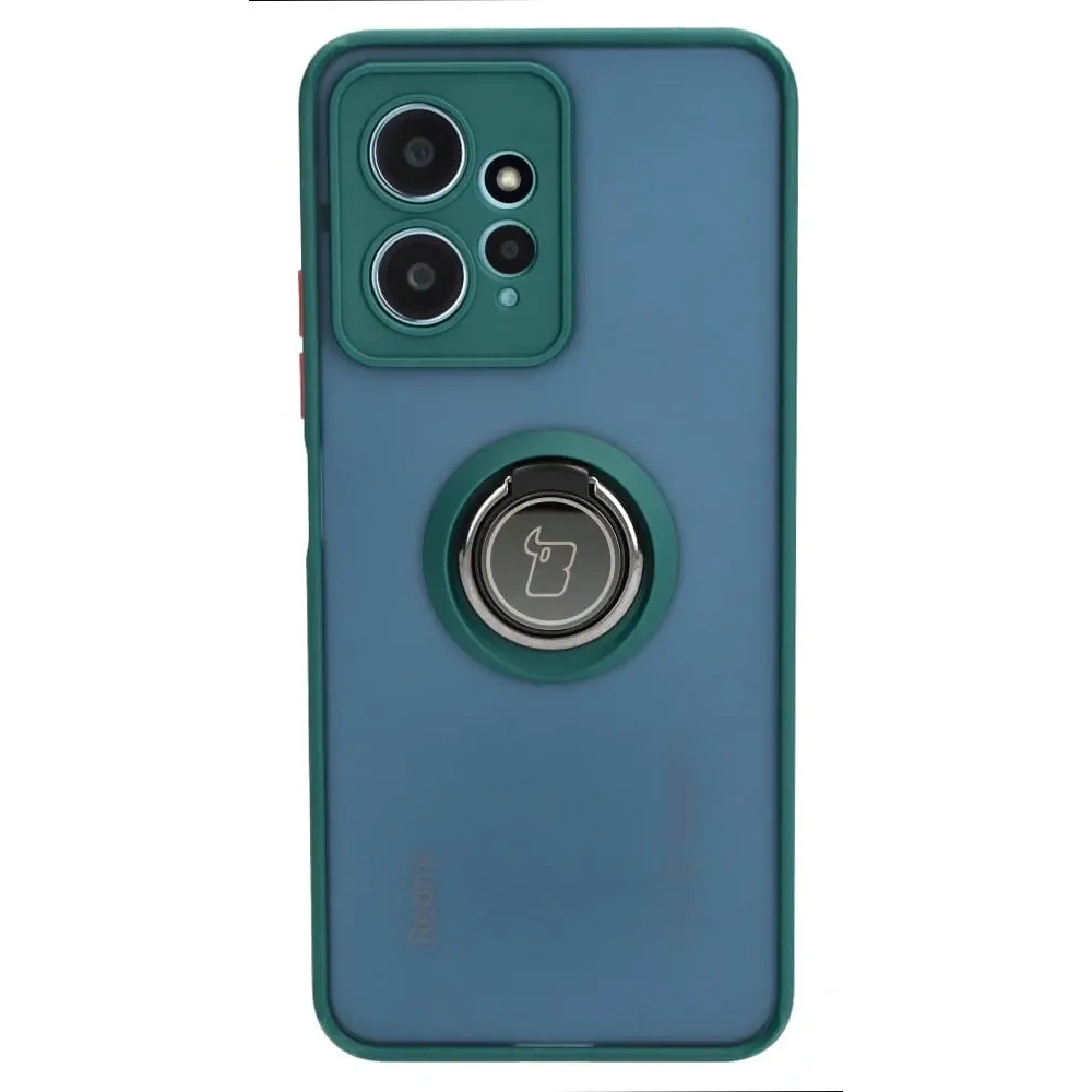 Etui z uchwytem na palec Bizon Case Hybrid Ring do Xiaomi Redmi Note 12 4G przydymione z ciemnozieloną ramką
