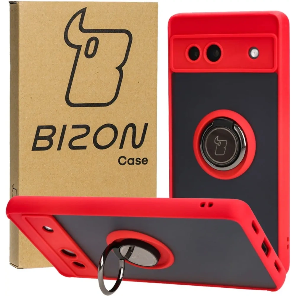 Etui z uchwytem na palec Bizon Case Hybrid Ring do Google Pixel 7A przydymione z czerwoną ramką