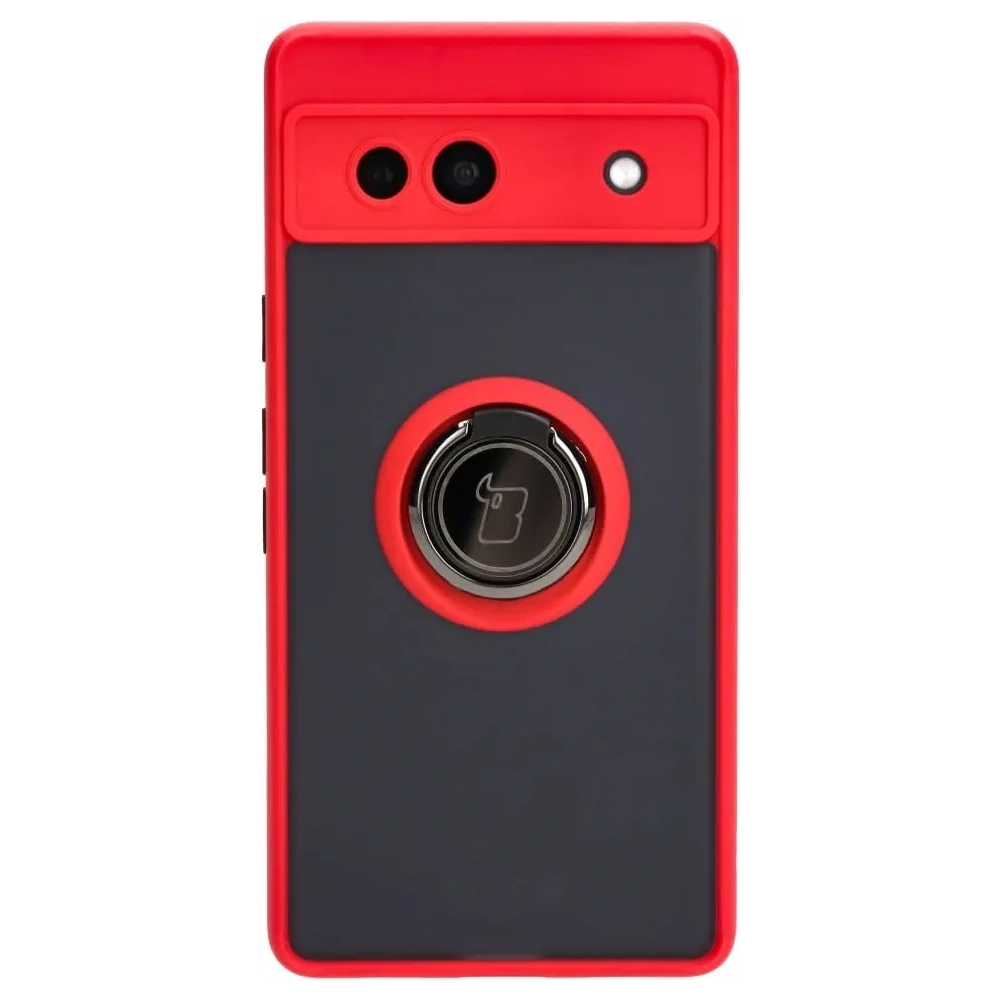 Etui z uchwytem na palec Bizon Case Hybrid Ring do Google Pixel 7A przydymione z czerwoną ramką