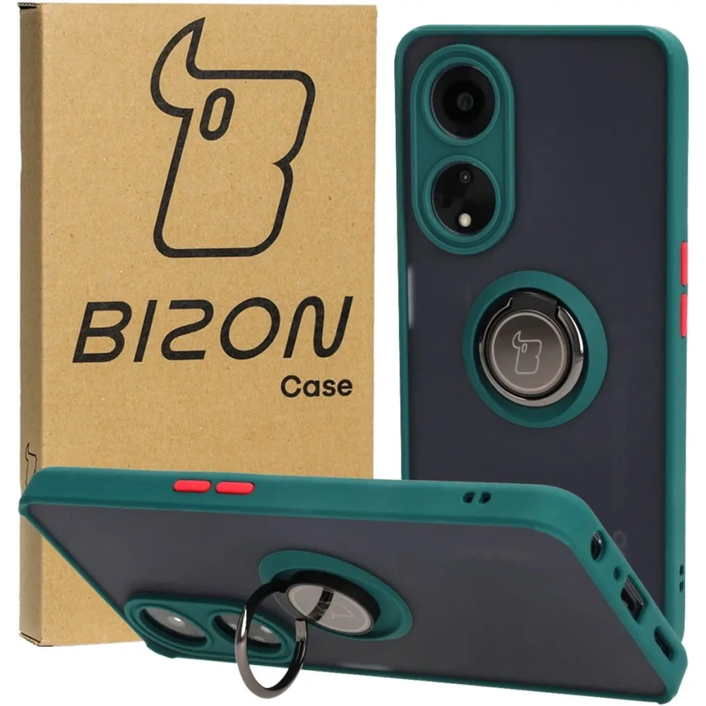 Etui z uchwytem na palec Bizon Case Hybrid Ring do Oppo A98 5G przydymione z ciemnozieloną ramką