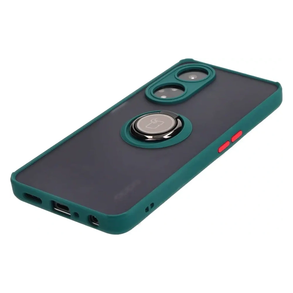 Etui z uchwytem na palec Bizon Case Hybrid Ring do Oppo A98 5G przydymione z ciemnozieloną ramką