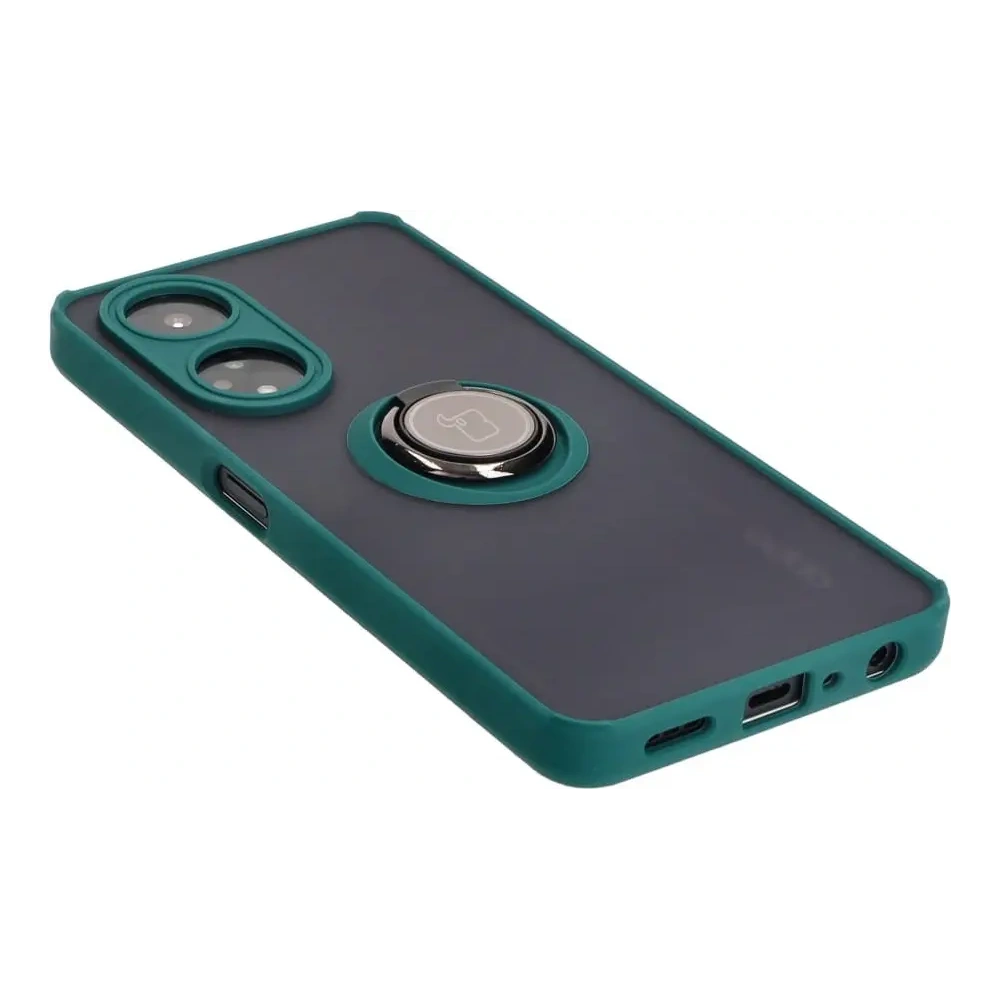 Etui z uchwytem na palec Bizon Case Hybrid Ring do Oppo A98 5G przydymione z ciemnozieloną ramką