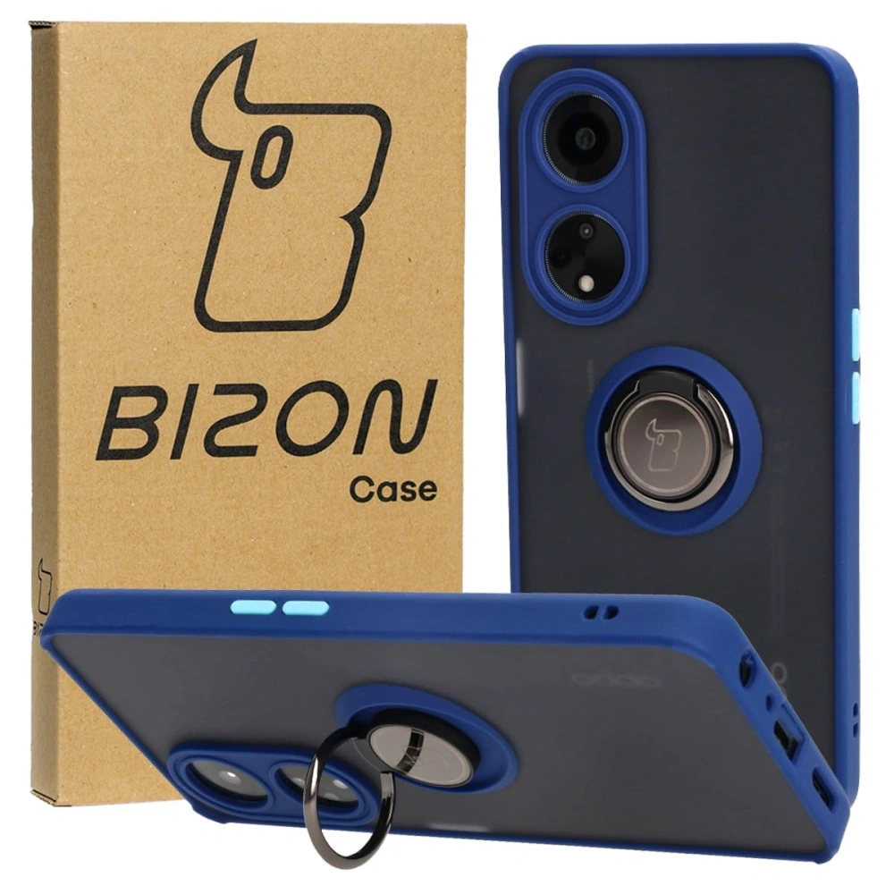 Etui z uchwytem na palec Bizon Case Hybrid Ring do Oppo A98 5G przydymione z granatową ramką