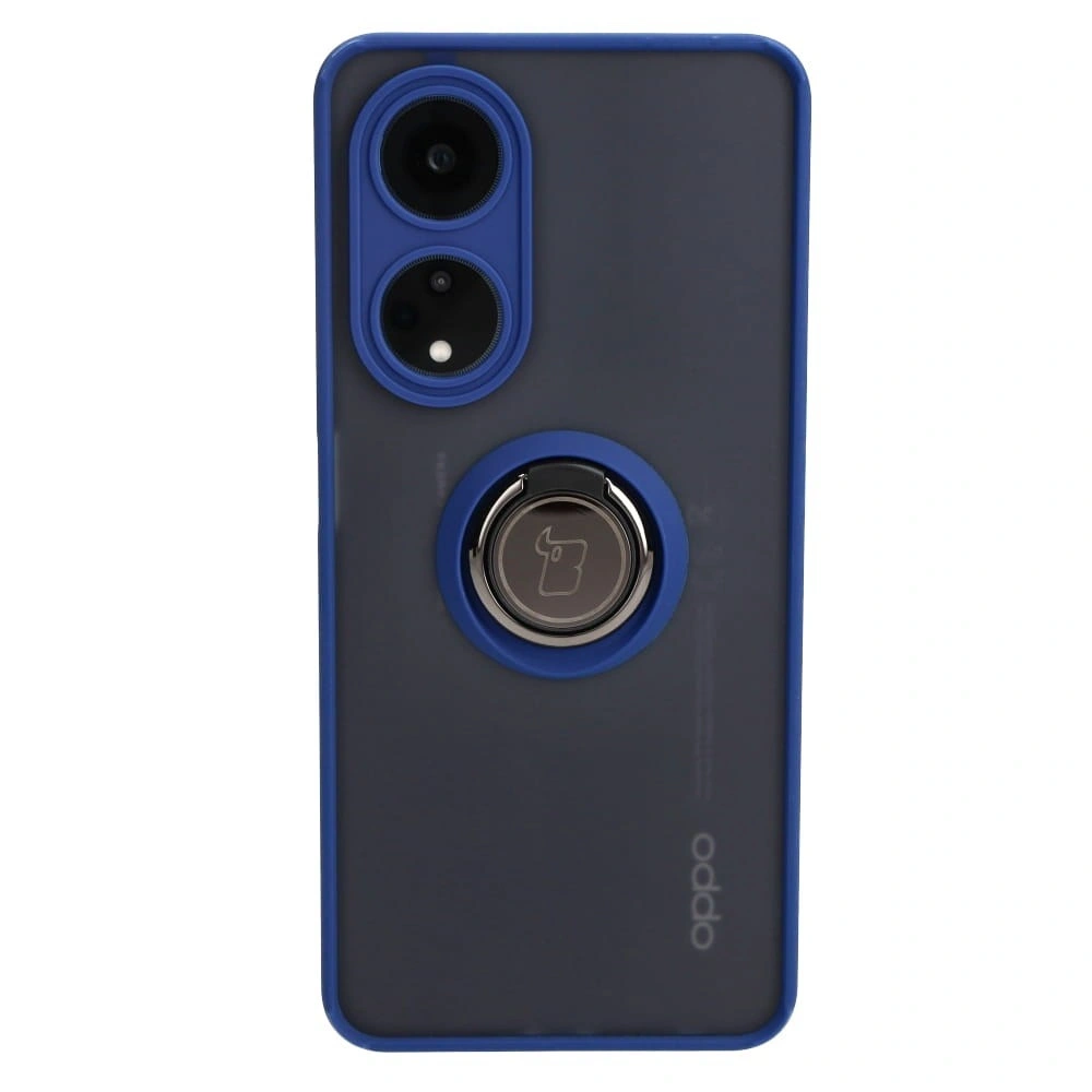 Etui z uchwytem na palec Bizon Case Hybrid Ring do Oppo A98 5G przydymione z granatową ramką