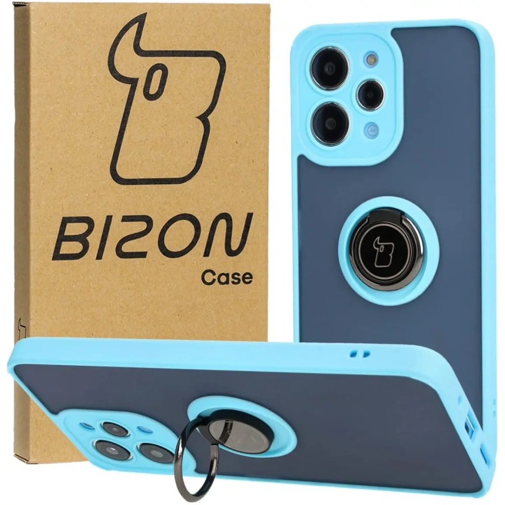 Etui z uchwytem na palec Bizon Case Hybrid Ring do Xiaomi Redmi 12 przydymione z jasnoniebieską ramką