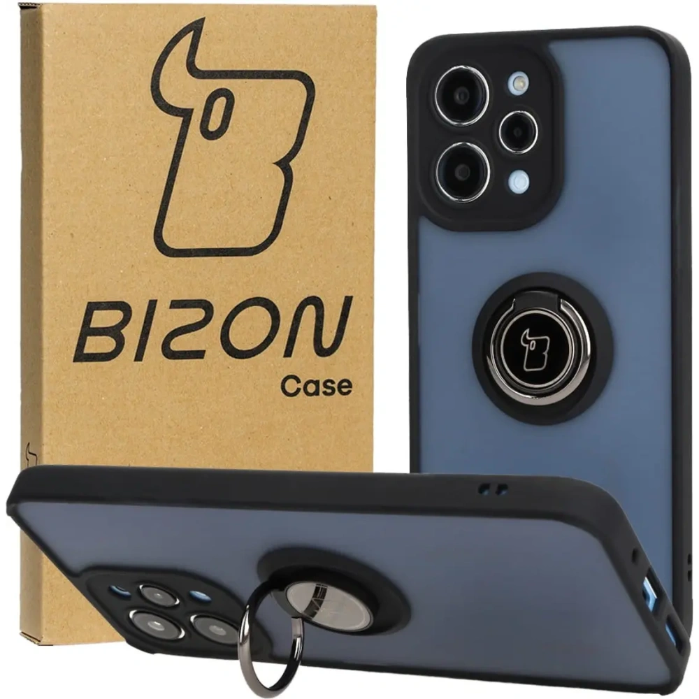 Etui z uchwytem na palec Bizon Case Hybrid Ring do Xiaomi Redmi 12 przydymione z czarną ramką
