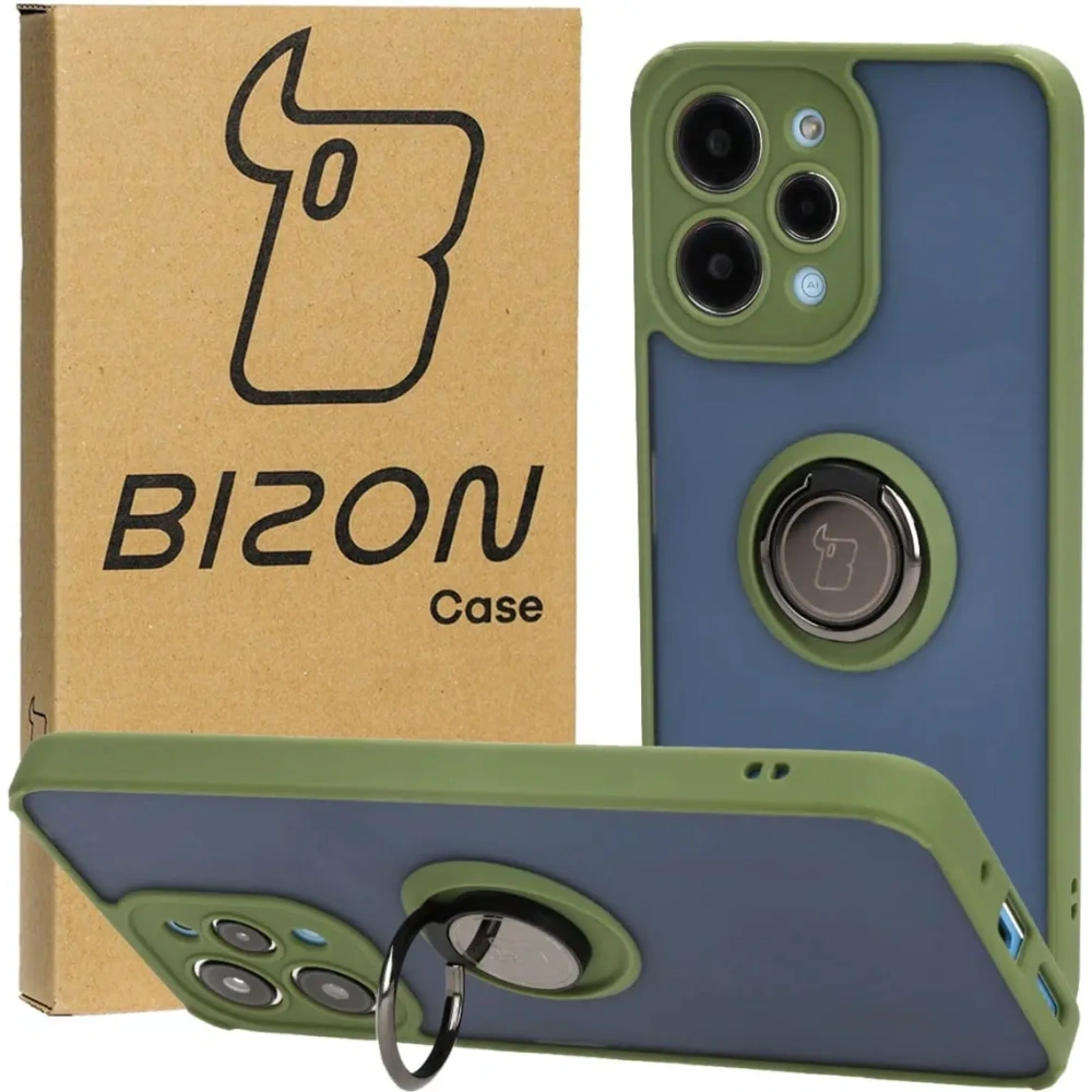 Etui z uchwytem na palec Bizon Case Hybrid Ring do Xiaomi Redmi 12 przydymione z zieloną ramką