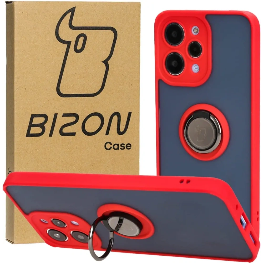 Etui z uchwytem na palec Bizon Case Hybrid Ring do Xiaomi Redmi 12 przydymione z czerwoną ramką