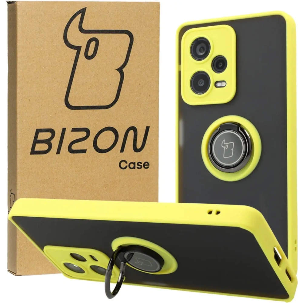 Etui z uchwytem na palec Bizon Case Hybrid Ring do Xiaomi Redmi Note 12 Pro+ 5G przydymione z żółtą ramką