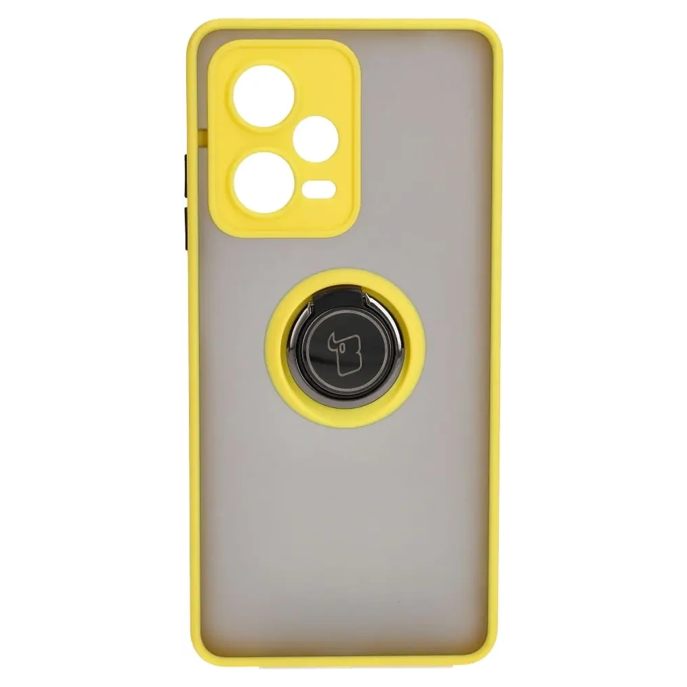 Etui z uchwytem na palec Bizon Case Hybrid Ring do Xiaomi Redmi Note 12 Pro+ 5G przydymione z żółtą ramką