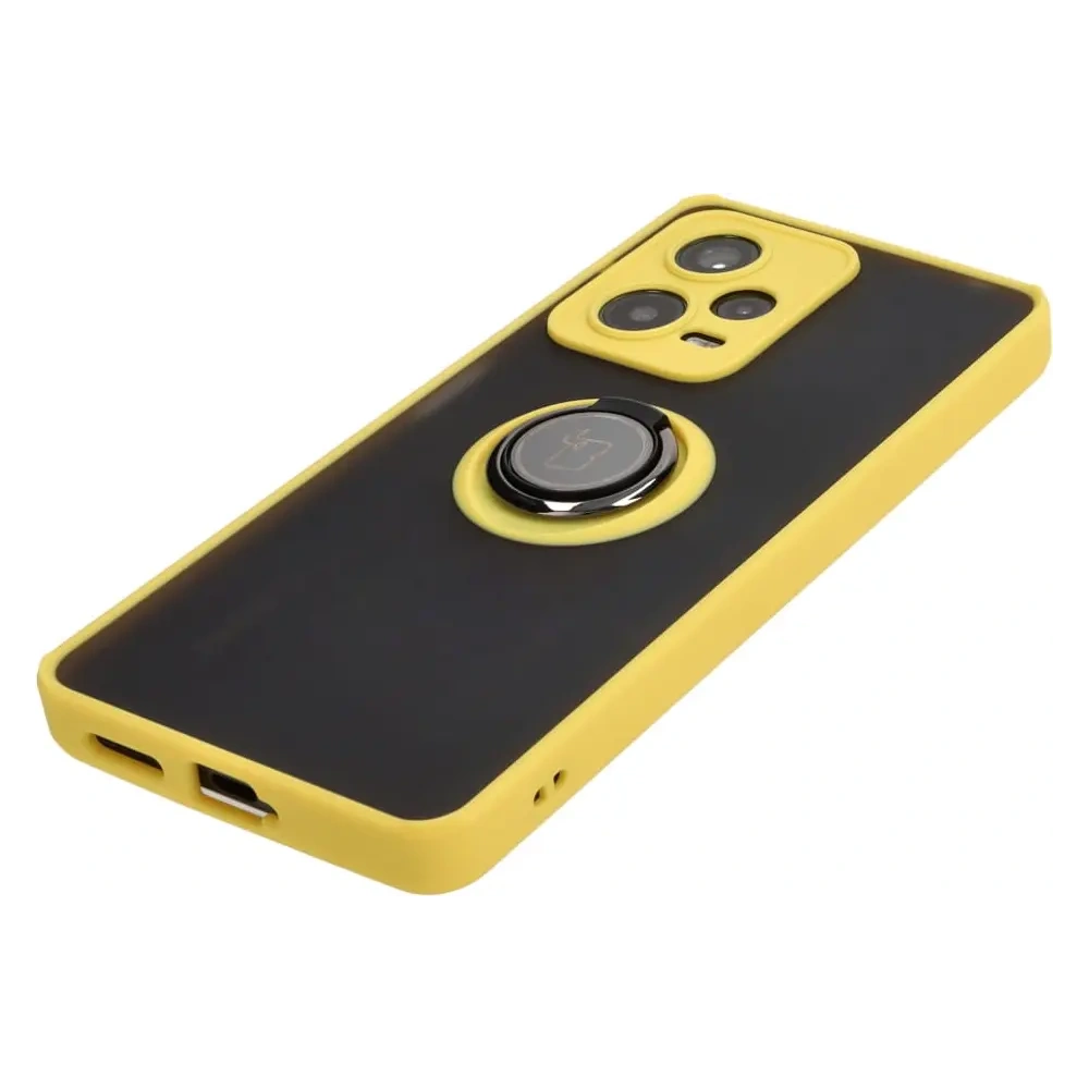 Etui z uchwytem na palec Bizon Case Hybrid Ring do Xiaomi Redmi Note 12 Pro+ 5G przydymione z żółtą ramką