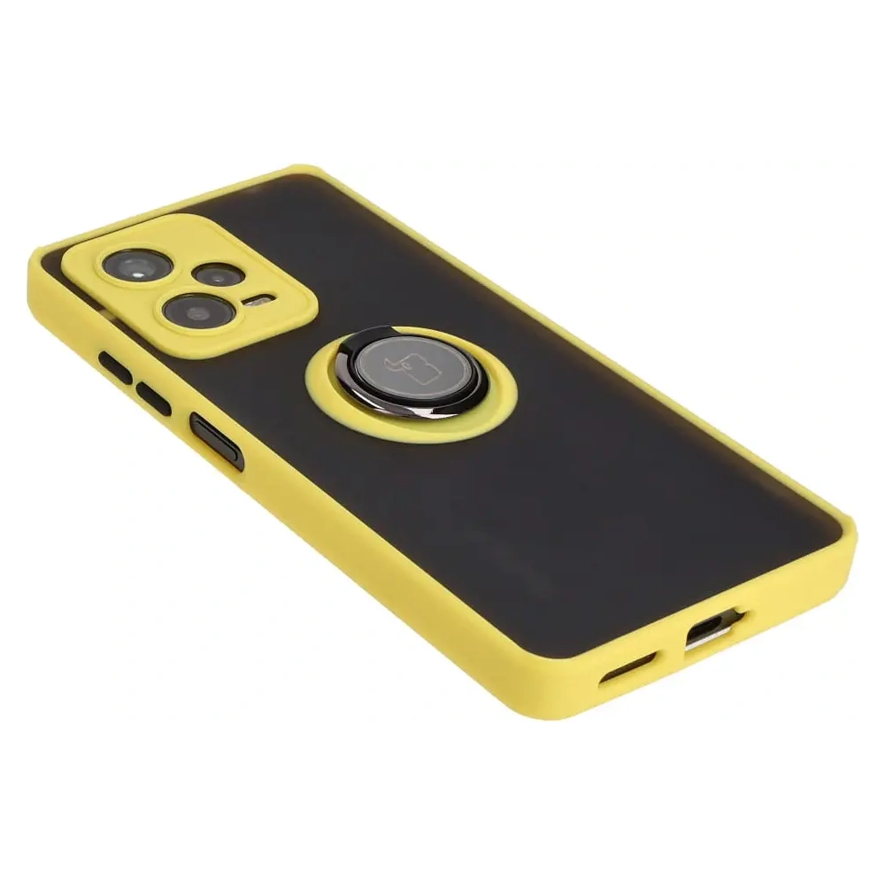 Etui z uchwytem na palec Bizon Case Hybrid Ring do Xiaomi Redmi Note 12 Pro+ 5G przydymione z żółtą ramką
