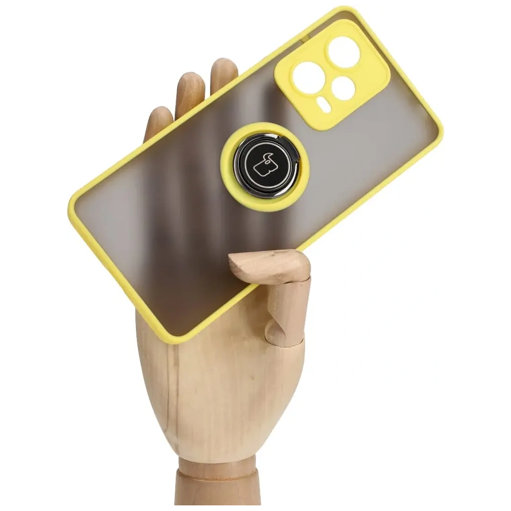 Etui z uchwytem na palec Bizon Case Hybrid Ring do Xiaomi Redmi Note 12 Pro+ 5G przydymione z żółtą ramką