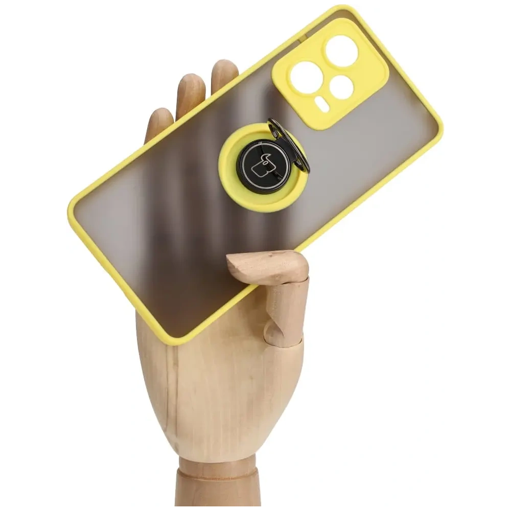 Etui z uchwytem na palec Bizon Case Hybrid Ring do Xiaomi Redmi Note 12 Pro+ 5G przydymione z żółtą ramką