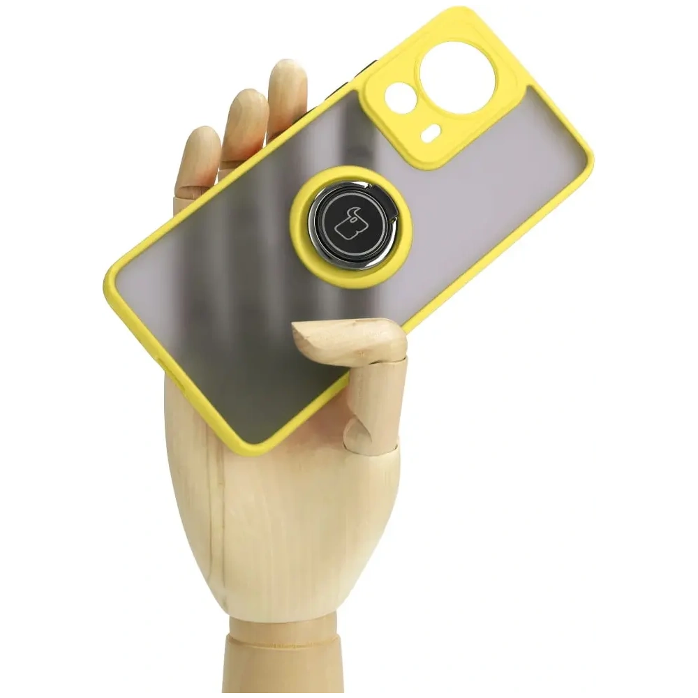 Etui z uchwytem na palec Bizon Case Hybrid Ring do Xiaomi 13 Lite przydymione z żółtą ramką