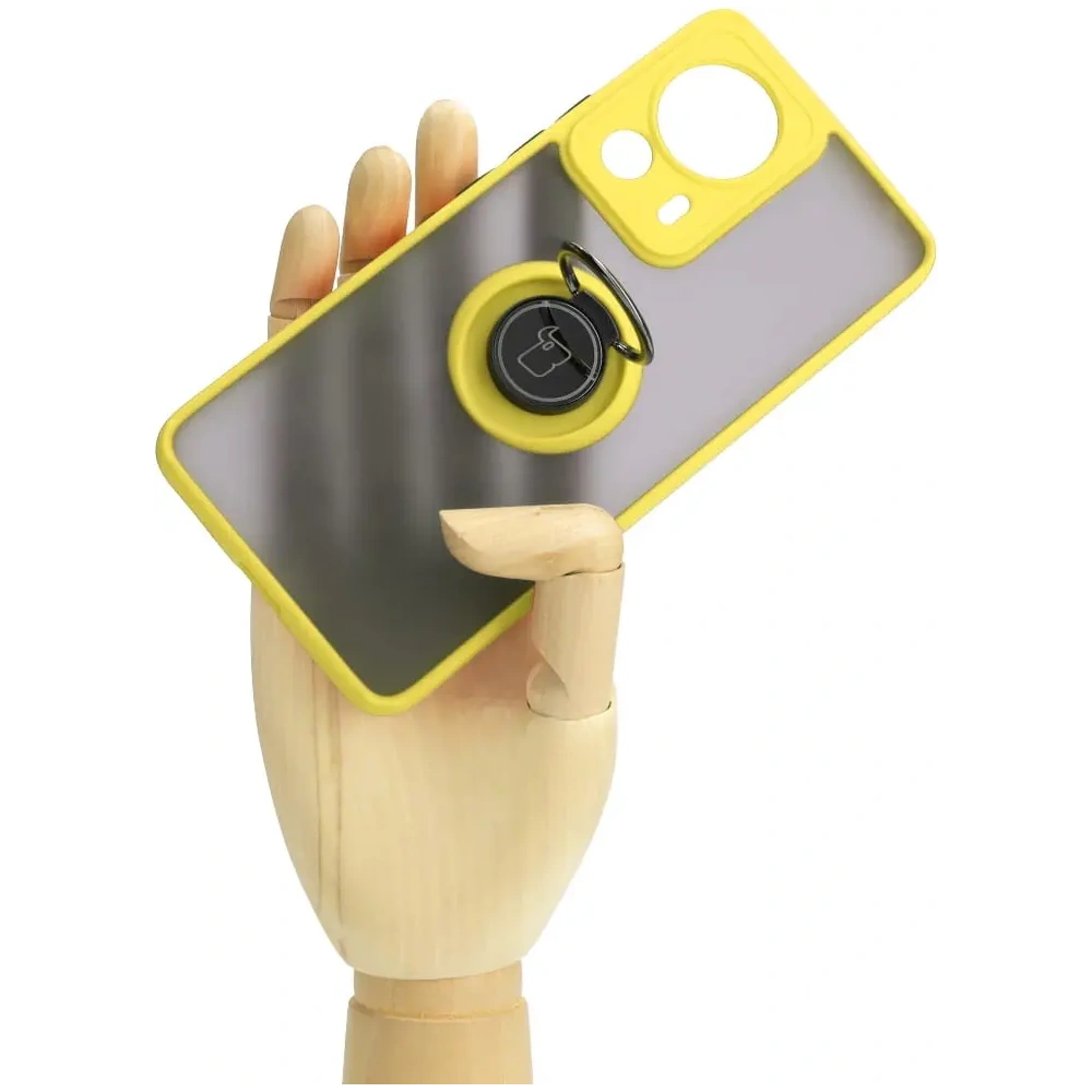 Etui z uchwytem na palec Bizon Case Hybrid Ring do Xiaomi 13 Lite przydymione z żółtą ramką