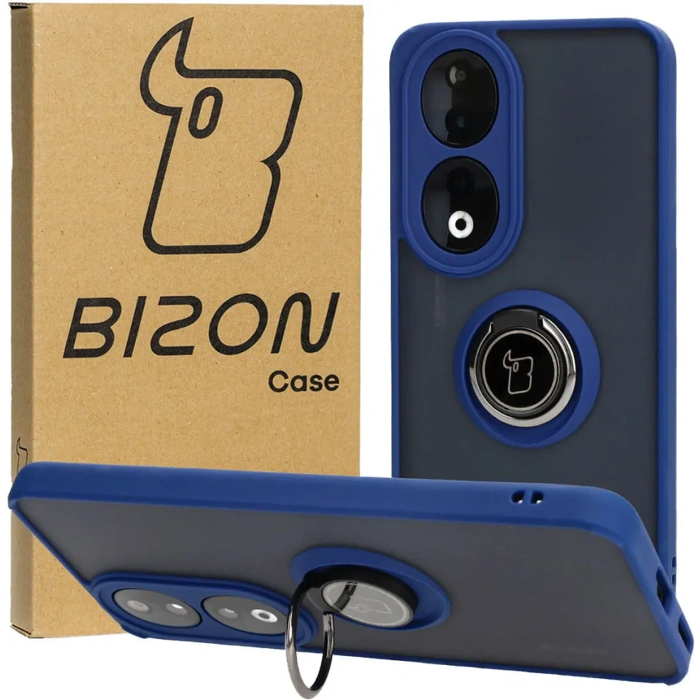 Etui z uchwytem na palec Bizon Case Hybrid Ring do Honor 90 przydymione z granatową ramką