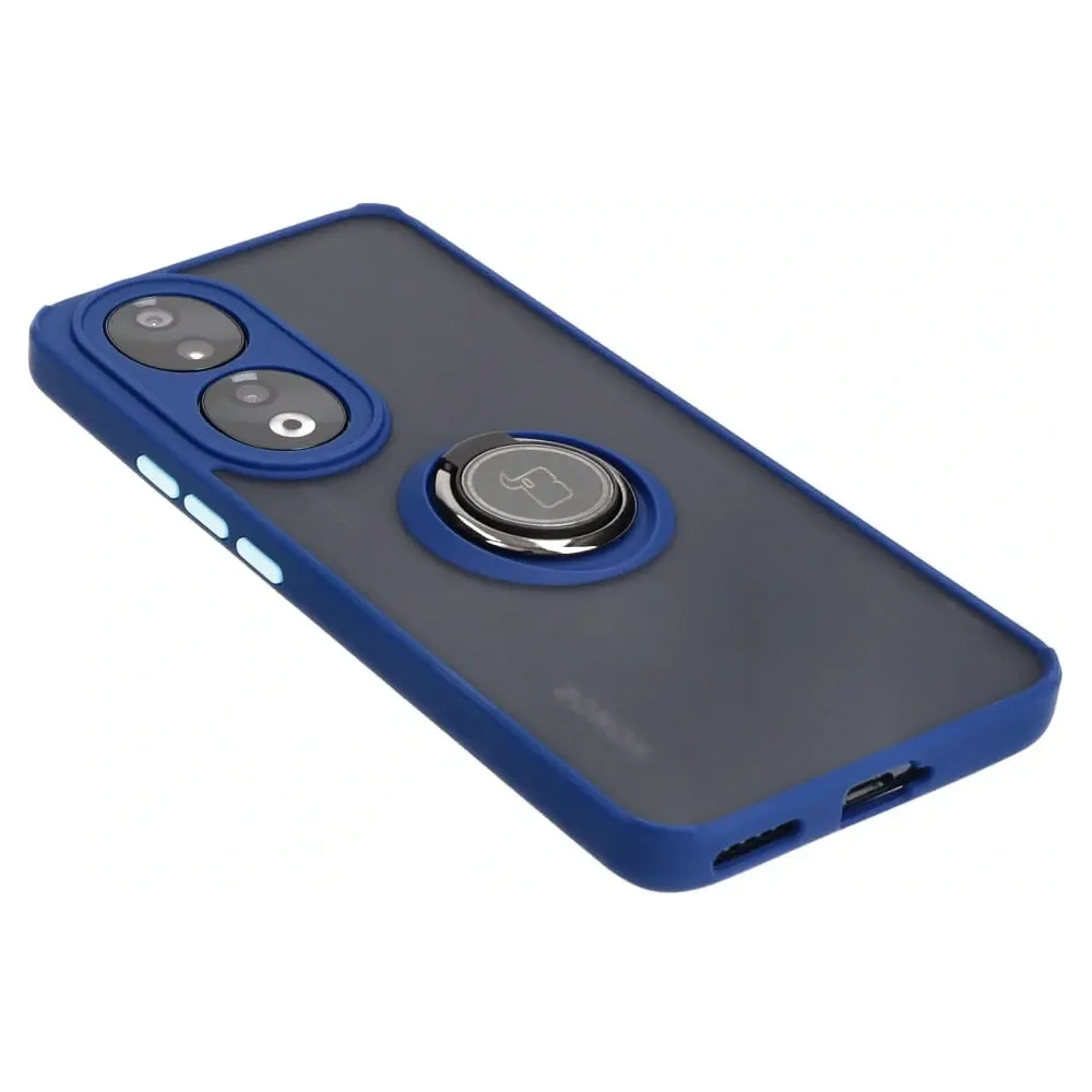 Etui z uchwytem na palec Bizon Case Hybrid Ring do Honor 90 przydymione z granatową ramką