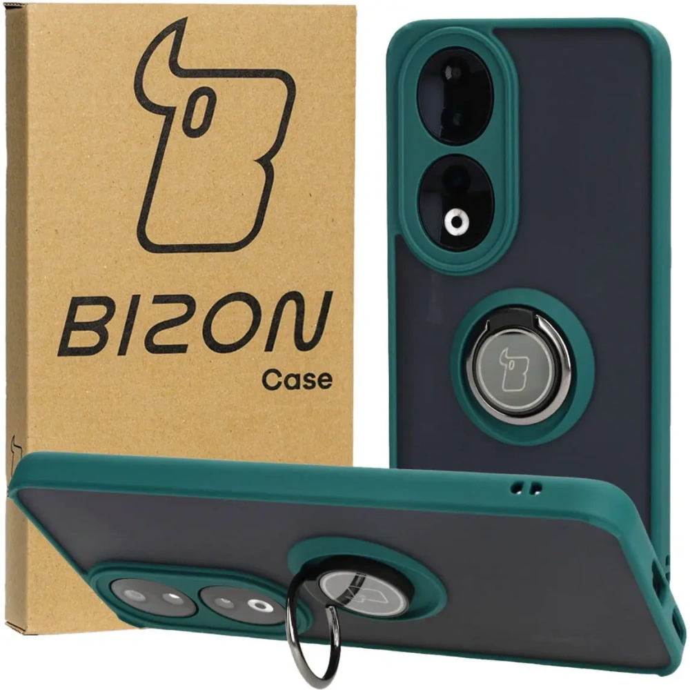 Etui z uchwytem na palec Bizon Case Hybrid Ring do Honor 90 przydymione z ciemnozieloną ramką