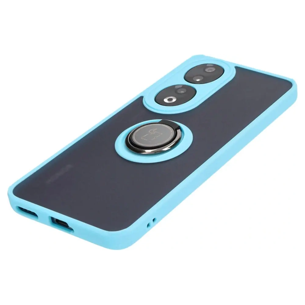Etui z uchwytem na palec Bizon Case Hybrid Ring do Honor 90 przydymione z jasnoniebieską ramką