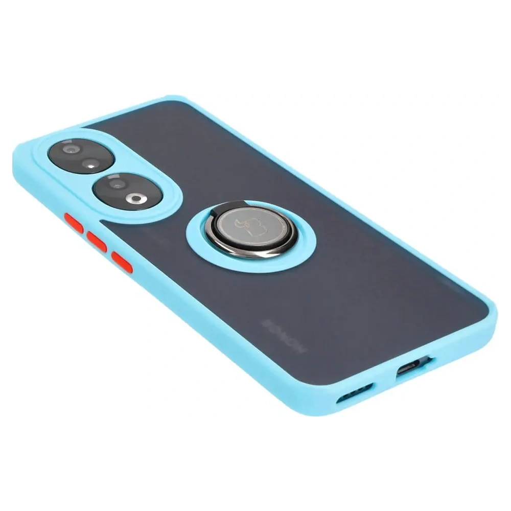 Etui z uchwytem na palec Bizon Case Hybrid Ring do Honor 90 przydymione z jasnoniebieską ramką