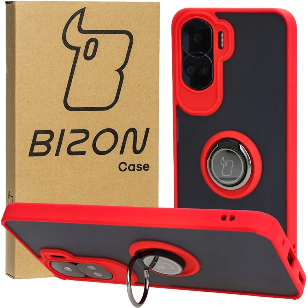 Etui z uchwytem na palec Bizon Case Hybrid Ring do Honor 90 Lite przydymione z czerwoną ramką