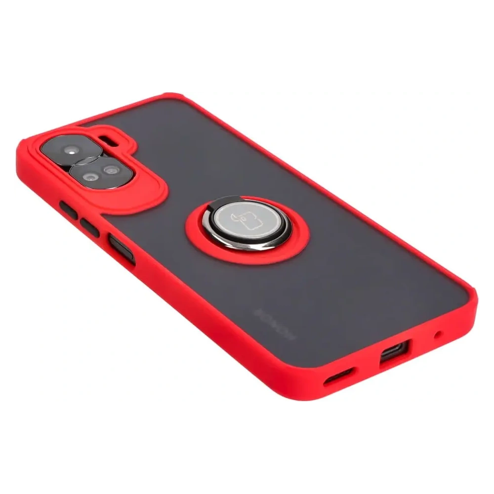 Etui z uchwytem na palec Bizon Case Hybrid Ring do Honor 90 Lite przydymione z czerwoną ramką