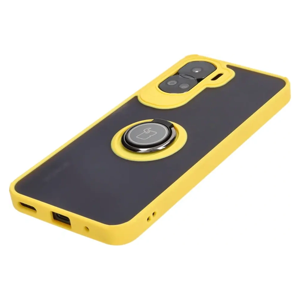 Etui z uchwytem na palec Bizon Case Hybrid Ring do Honor 90 Lite przydymione z żółtą ramką