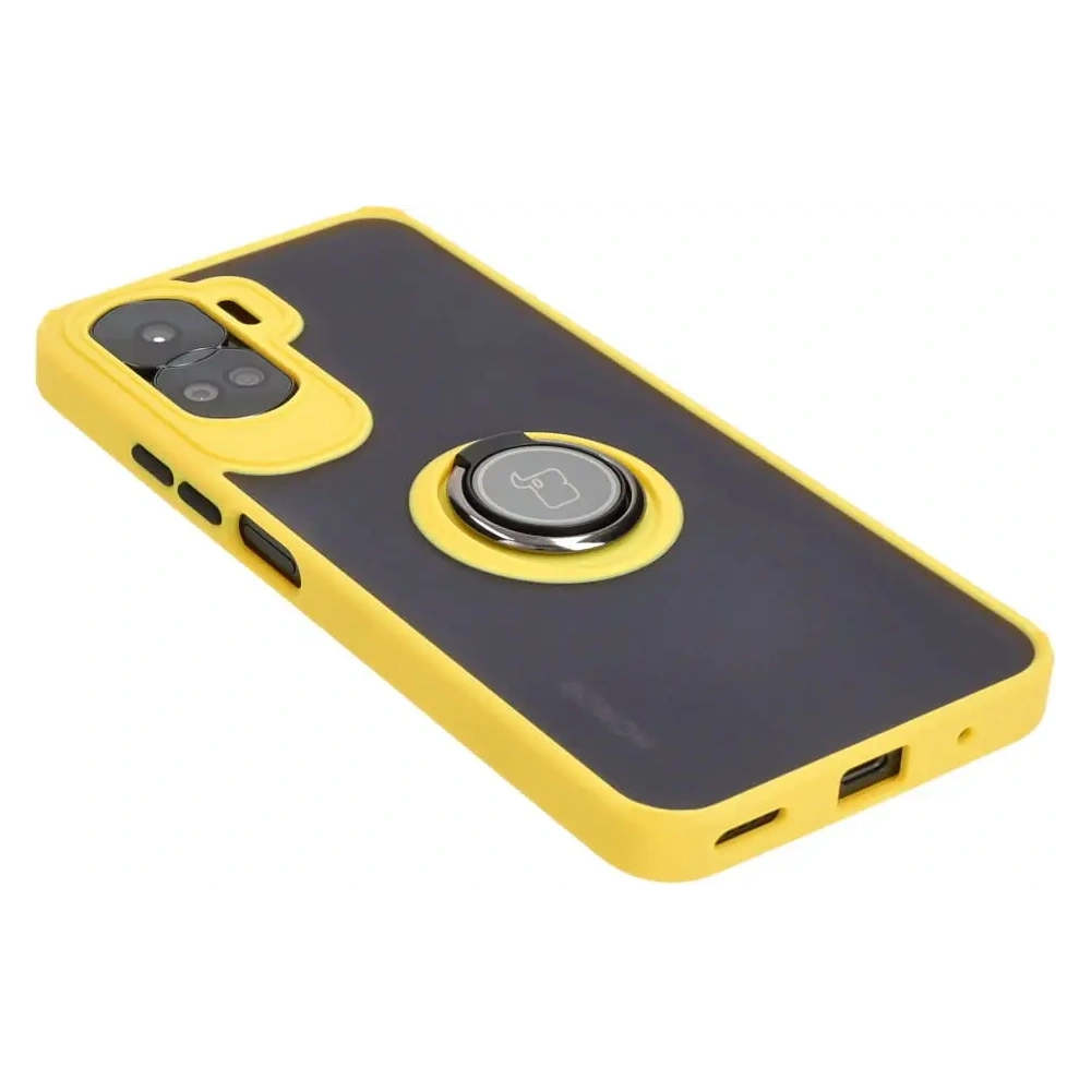 Etui z uchwytem na palec Bizon Case Hybrid Ring do Honor 90 Lite przydymione z żółtą ramką