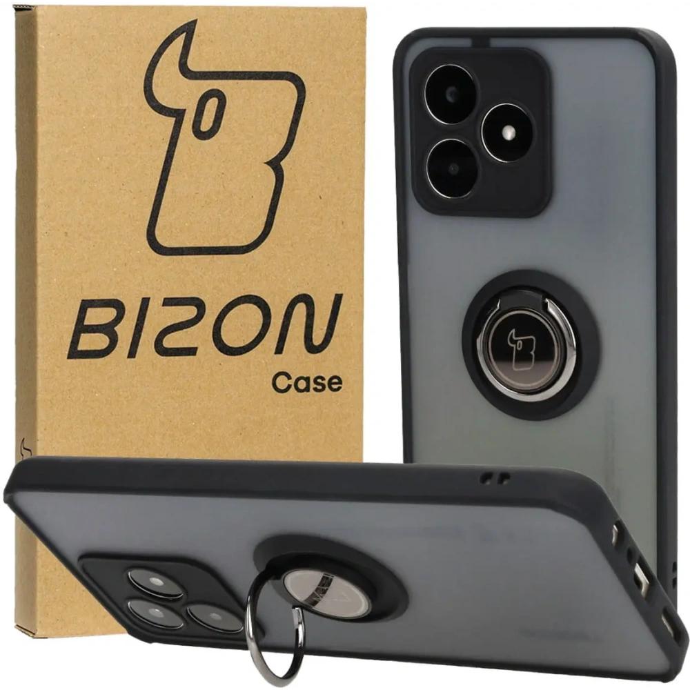 Etui z uchwytem na palec Bizon Case Hybrid Ring do Realme C53 / C51 przydymione z czarną ramką