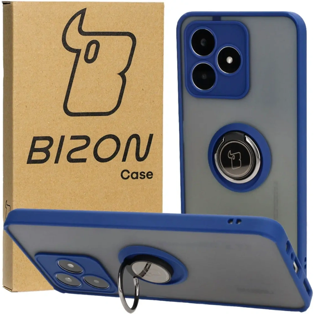 Etui z uchwytem na palec Bizon Case Hybrid Ring do Realme C53 / C51 przydymione z granatową ramką