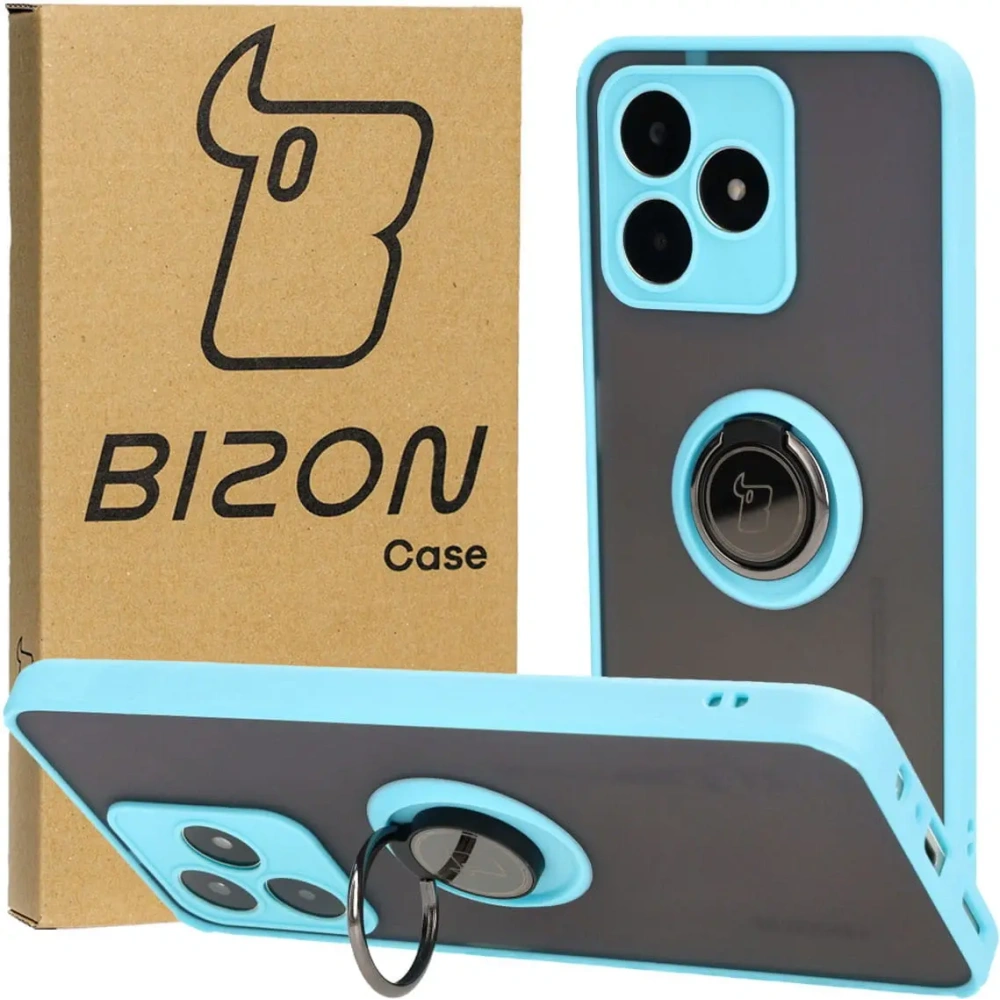 Etui z uchwytem na palec Bizon Case Hybrid Ring do Realme C53 / C51 przydymione z jasnoniebieską ramką