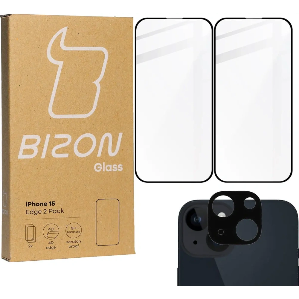 2x Szkło na ekran + szkło na aparat BIZON Edge do Apple iPhone 15