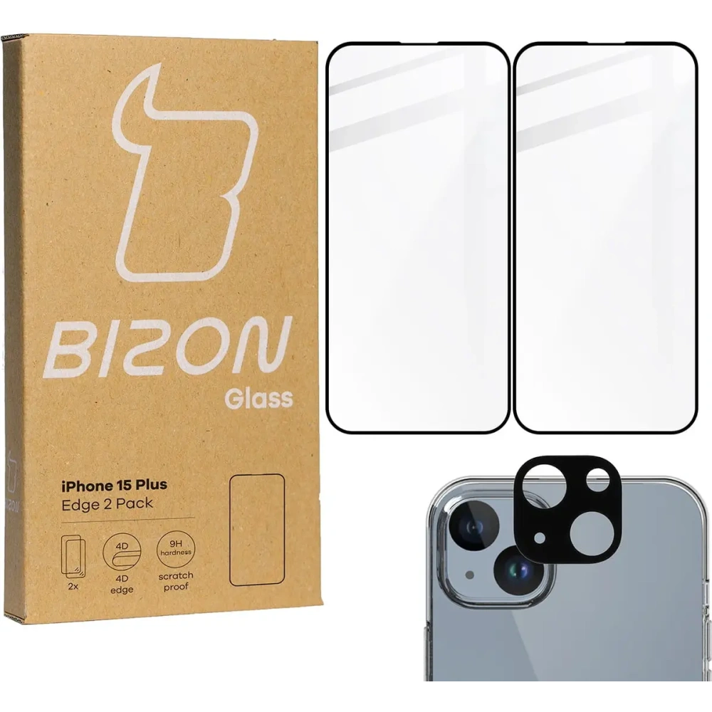 2x Szkło na ekran + szkło na aparat BIZON Edge do Apple iPhone 15 Plus