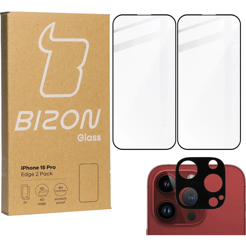 2x Szkło na ekran + szkło na aparat BIZON Edge do Apple iPhone 15 Pro