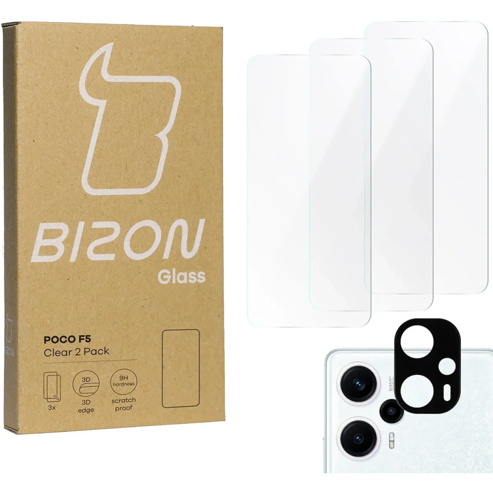 3x Szkło na ekran + szkło na aparat BIZON Clear do Xiaomi Poco F5