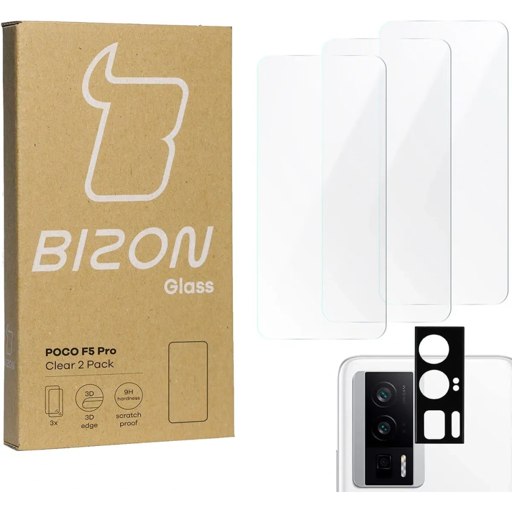 3x Szkło na ekran + szkło na aparat BIZON Clear do Xiaomi Poco F5 Pro