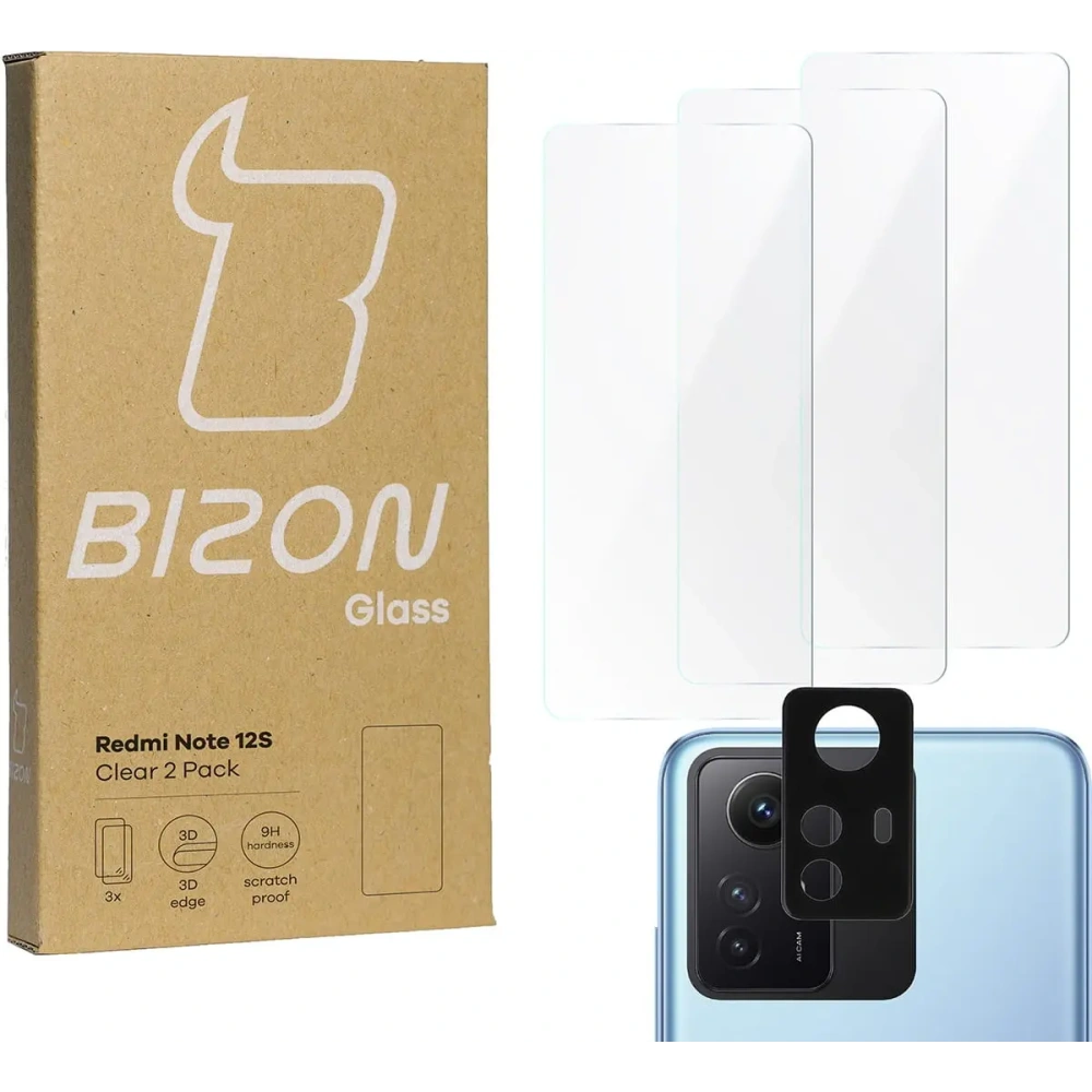 3x Szkło na ekran + szkło na aparat BIZON Clear do Redmi Note 12S