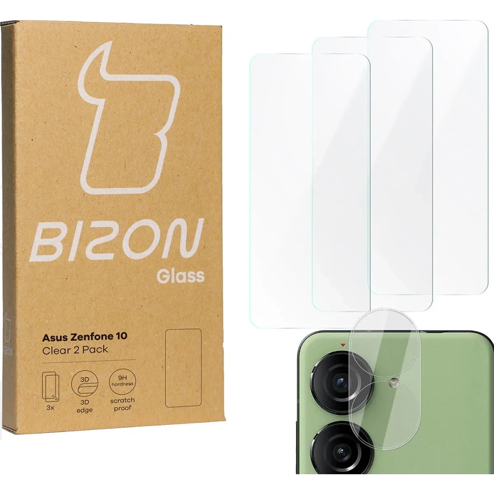 3x Szkło na ekran + szkło na aparat BIZON Clear do Asus Zenfone 10