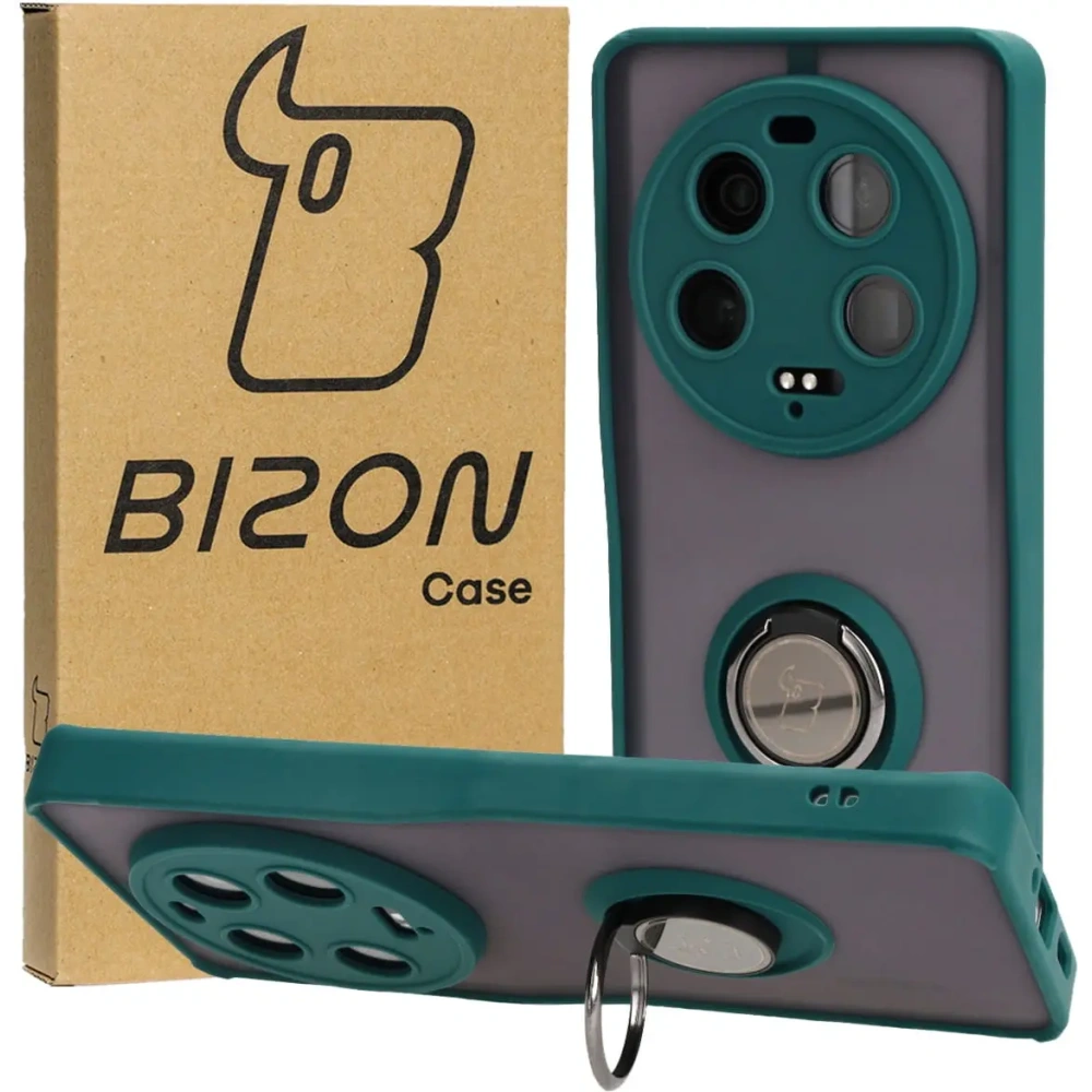 Etui z uchwytem na palec Bizon Case Hybrid Ring do Xiaomi 13 Ultra przydymione z ciemnozieloną ramką