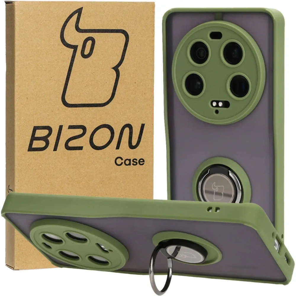 Etui z uchwytem na palec Bizon Case Hybrid Ring do Xiaomi 13 Ultra przydymione z zieloną ramką