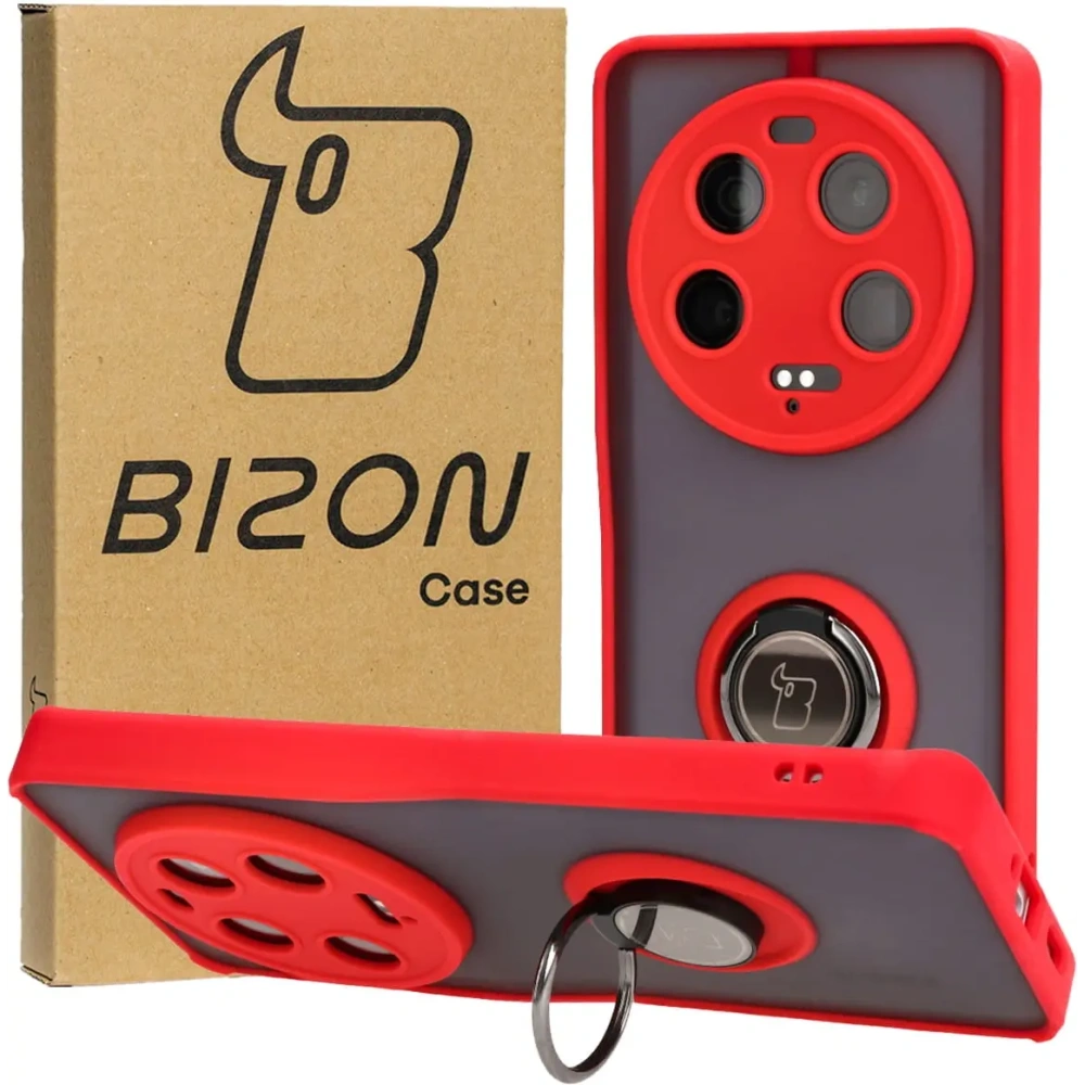 Etui z uchwytem na palec Bizon Case Hybrid Ring do Xiaomi 13 Ultra przydymione z czerwoną ramką