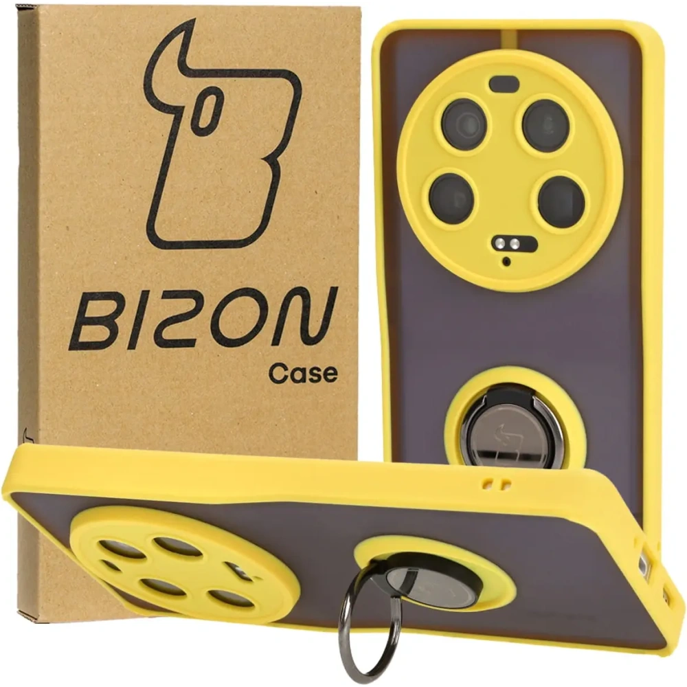 Etui z uchwytem na palec Bizon Case Hybrid Ring do Xiaomi 13 Ultra przydymione z żółtą ramką