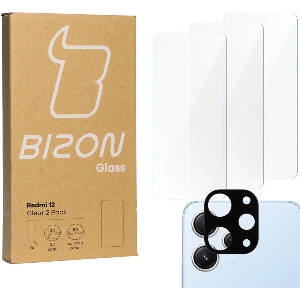 3x Szkło na ekran + szkło na aparat BIZON Clear do Xiaomi Redmi 12