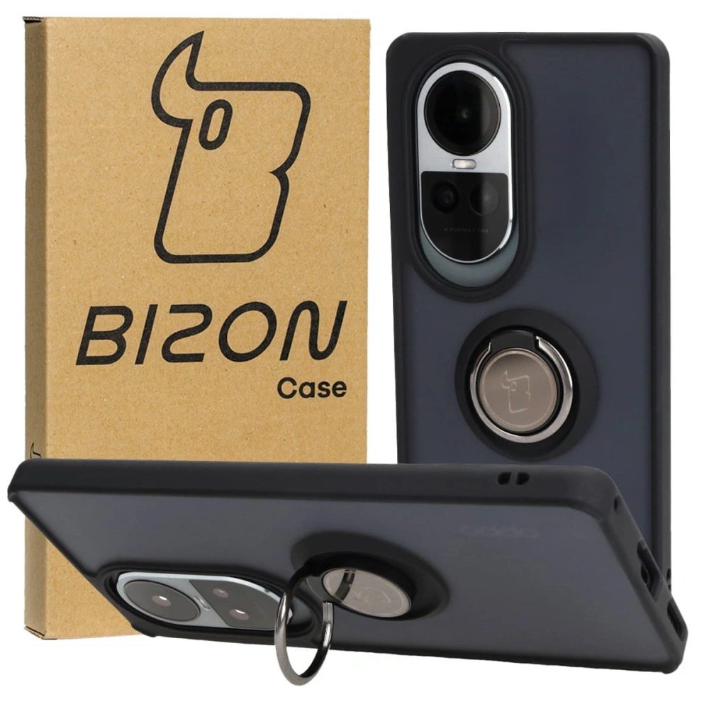 Etui z uchwytem na palec Bizon Case Hybrid Ring do Oppo Reno10 / 10 Pro przydymione z czarną ramką