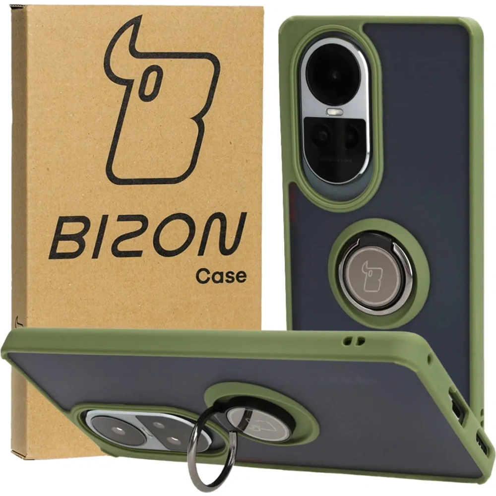 Etui z uchwytem na palec Bizon Case Hybrid Ring do Oppo Reno10 / 10 Pro przydymione z zieloną ramką