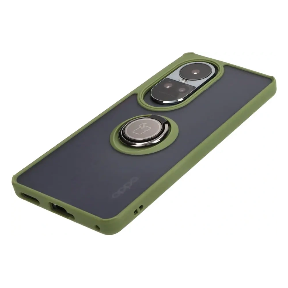 Etui z uchwytem na palec Bizon Case Hybrid Ring do Oppo Reno10 / 10 Pro przydymione z zieloną ramką