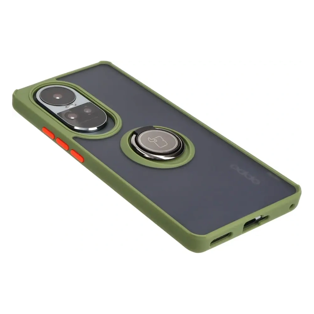 Etui z uchwytem na palec Bizon Case Hybrid Ring do Oppo Reno10 / 10 Pro przydymione z zieloną ramką