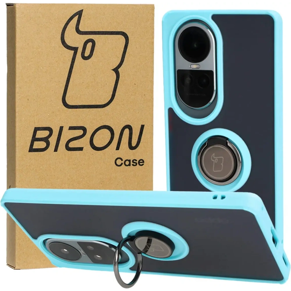 Etui z uchwytem na palec Bizon Case Hybrid Ring do Oppo Reno10 / 10 Pro przydymione z jasnoniebieską ramką